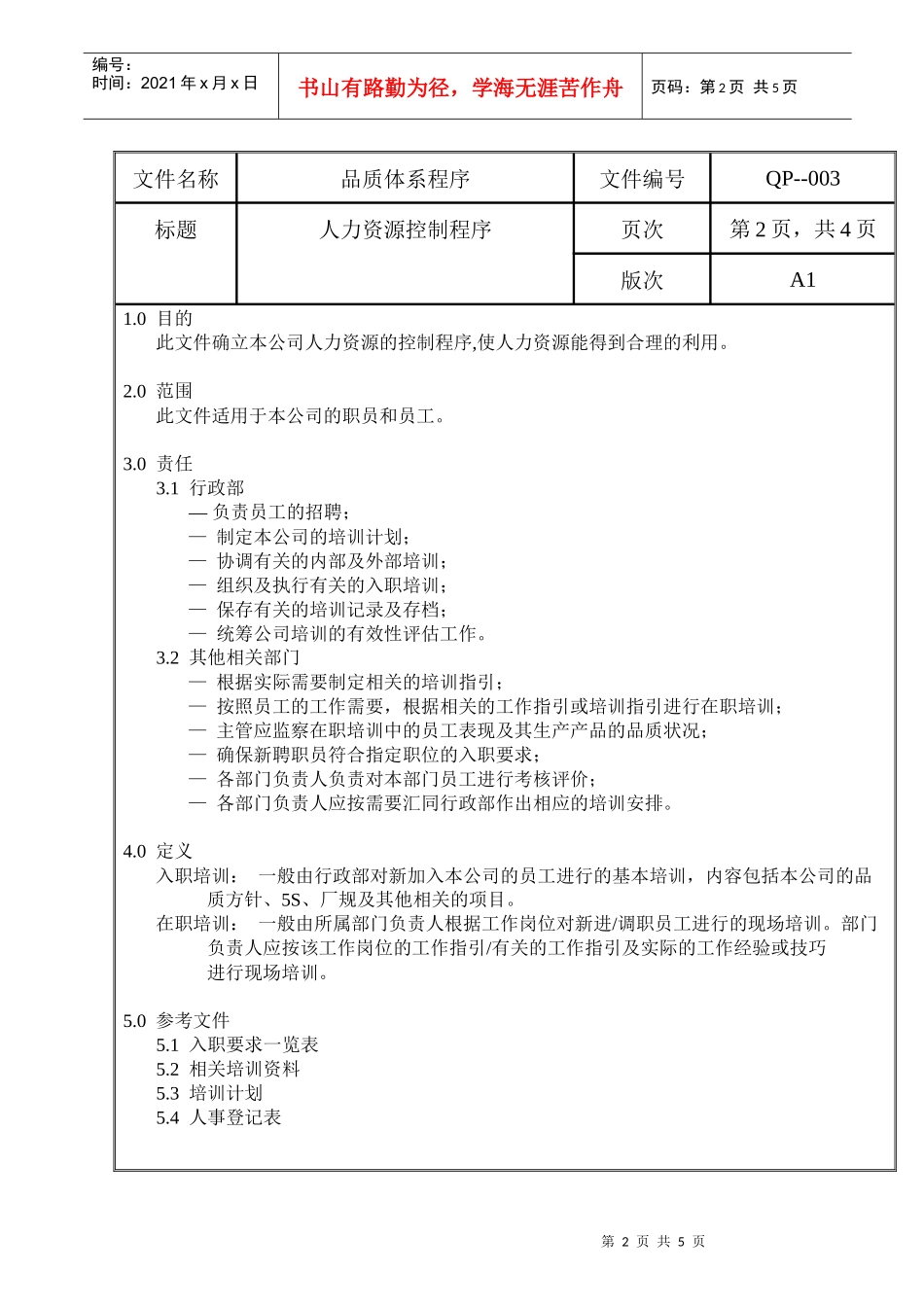 螺丝有限公司ISO90001范本--人力资源控制程序（DOC）_第2页