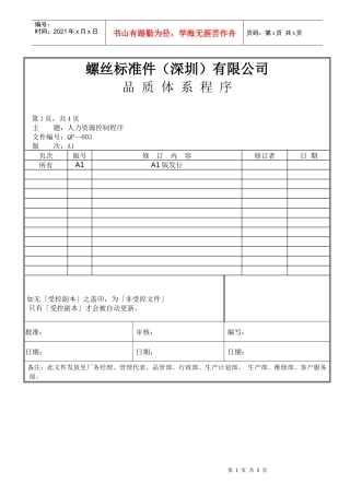 螺丝有限公司ISO90001范本--人力资源控制程序（DOC）