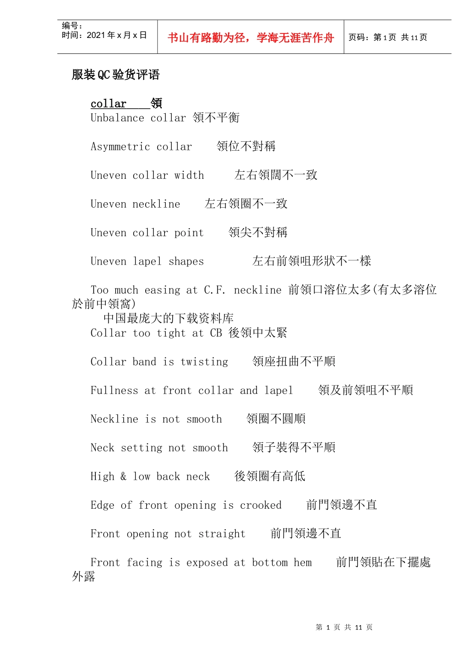 服装QC验货评语(doc11)_第1页