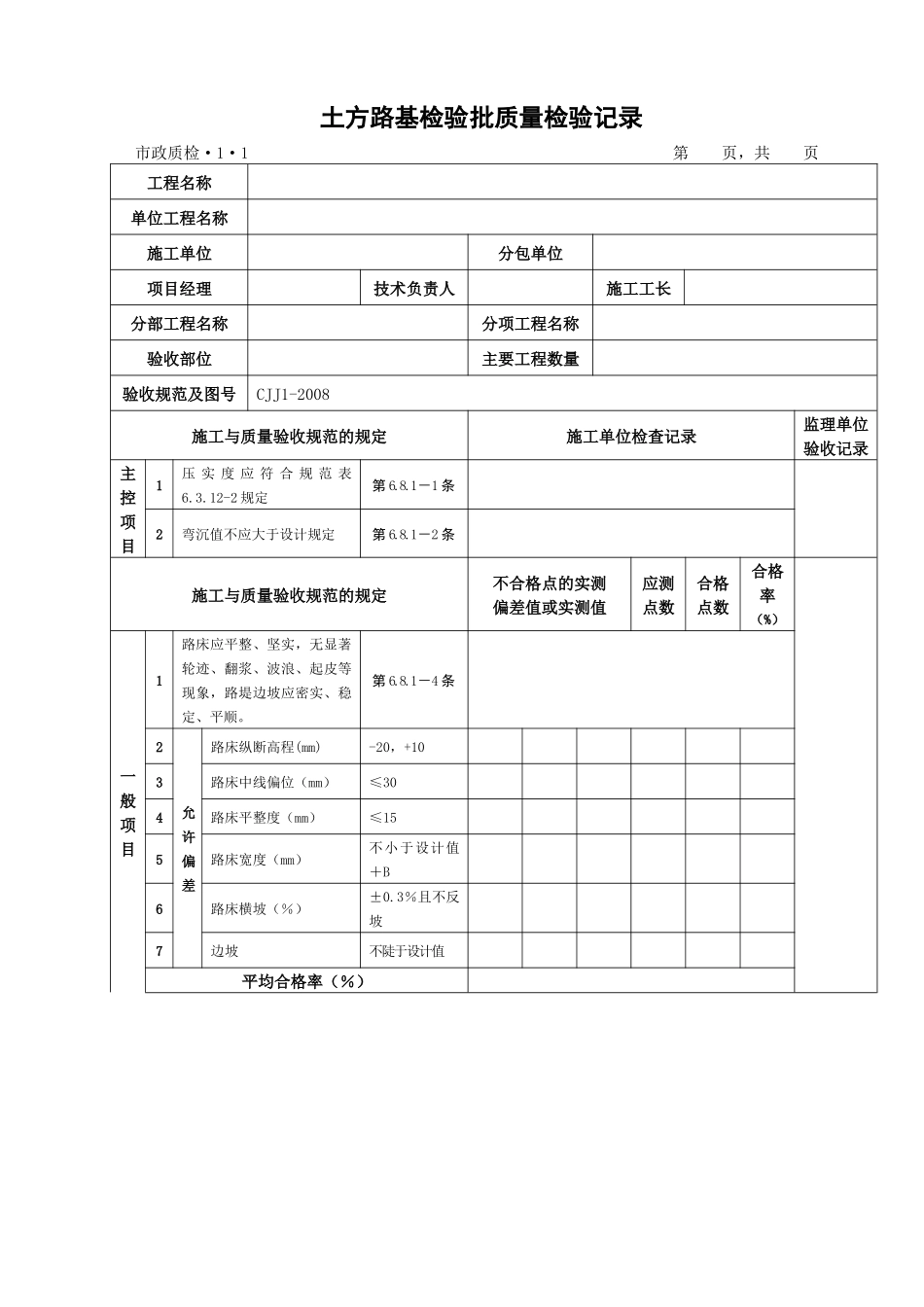 检验批质量检验记录表格新内业表城镇道路工程(CJJ1-20_第1页