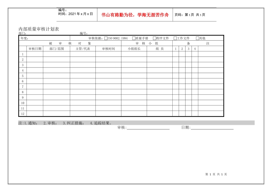 品质内部质量审核计划表_第1页