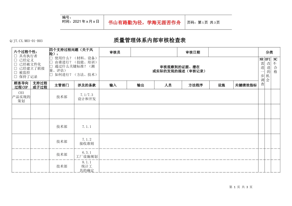 TS16949体系产品实现的策划内部审核检查表_第1页