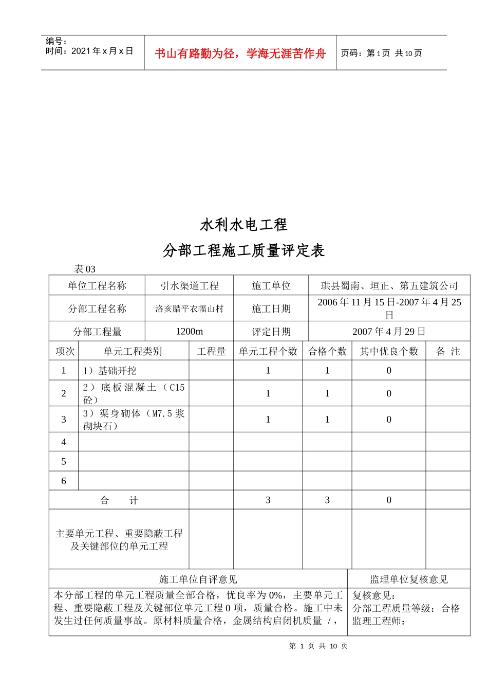 各类工程施工质量评定表_第1页