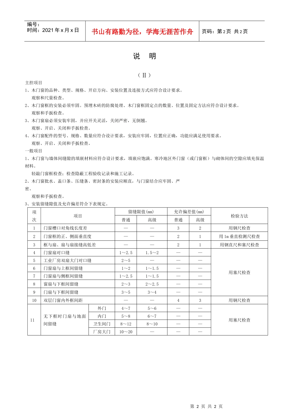 木门窗安装工程检验批质量验收记录表_第2页