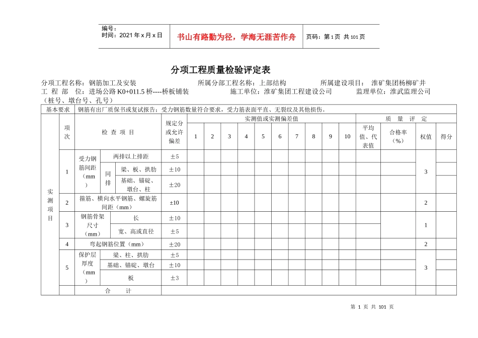 钢筋加工及安装分项工程质量检验评定表表5_第1页
