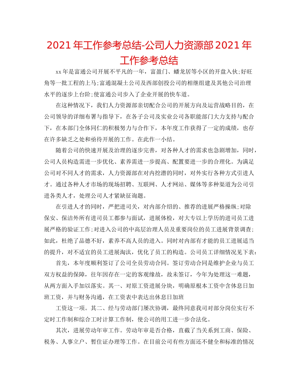 2021年工作参考总结公司人力资源部年工作参考总结_第1页