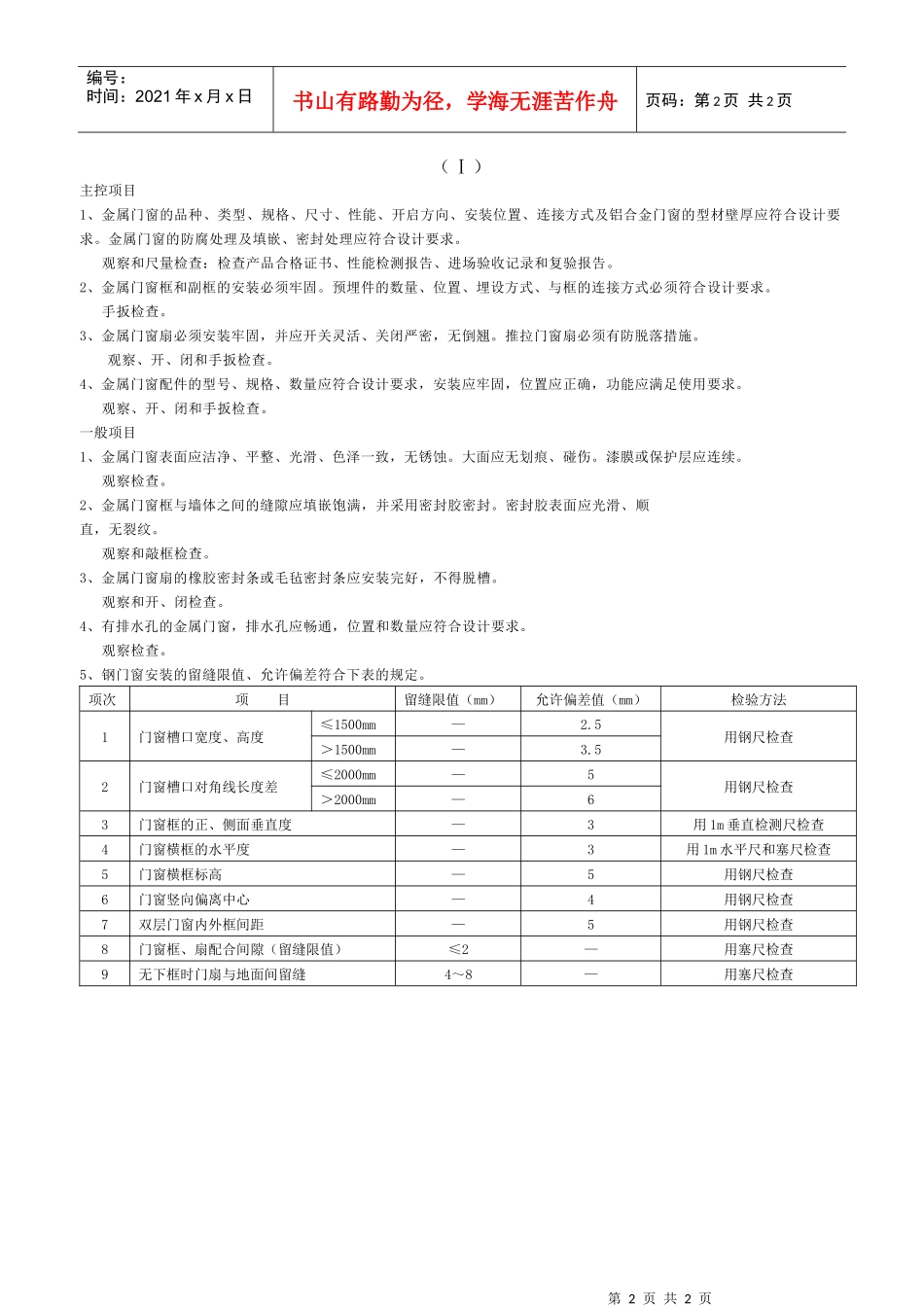 金属门安装工程检验批质量验收记录表_第2页