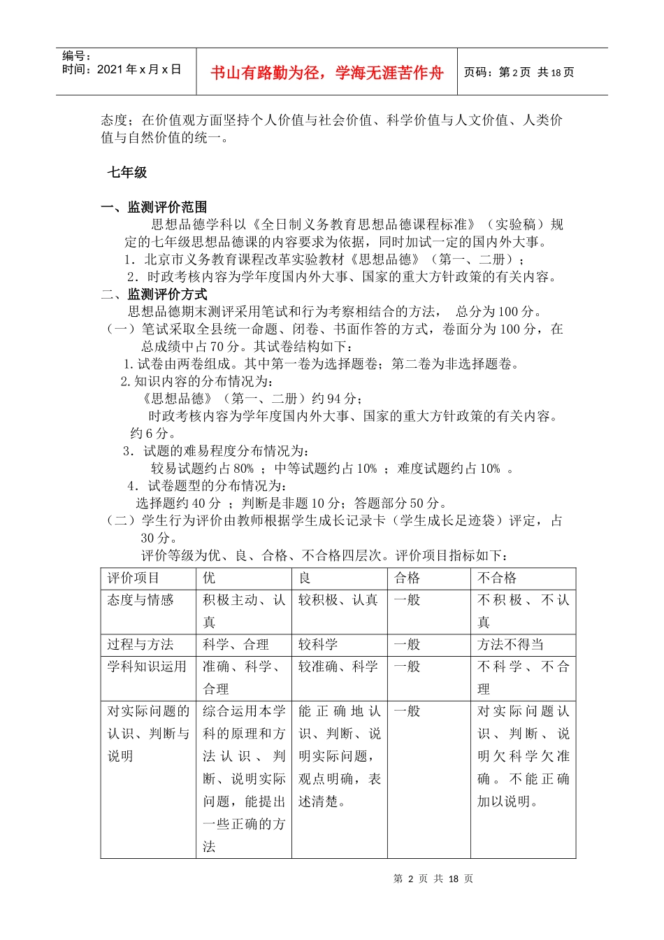 中学政治学科各年级学生学业质量监控与评价指导意见_第2页