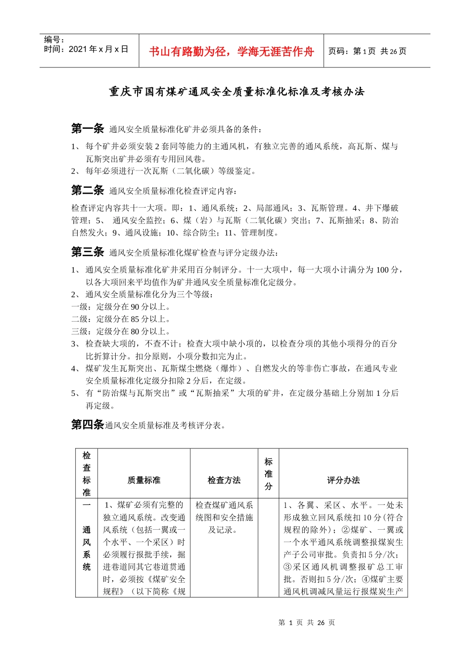 国有煤矿通风安全质量标准化标准及考核评级办法_第1页