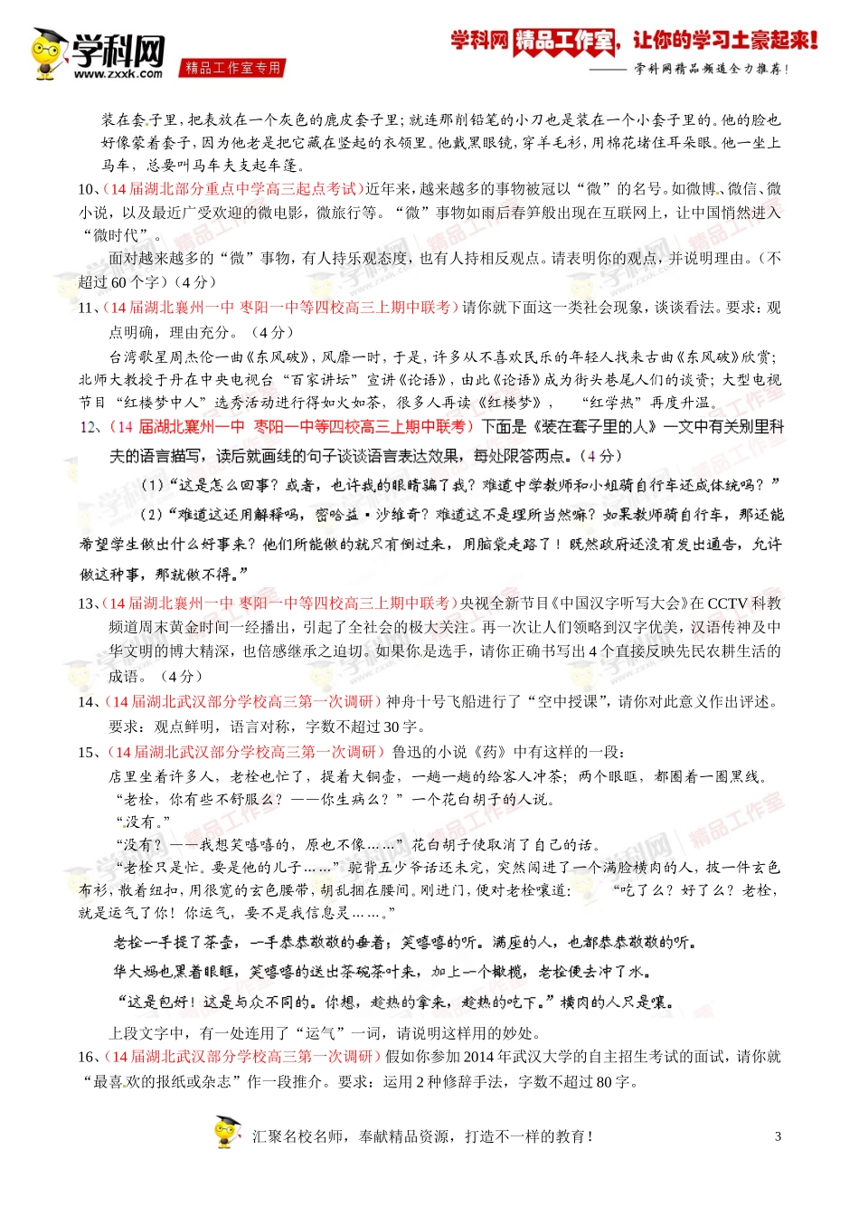 专题13语言表达简明、连贯、得体、准确、鲜明、生动正确运用常用的修辞方法-2014届高三名校语文试题精选精析分省汇编系列（湖北版）（第01期）（原卷版）_第3页