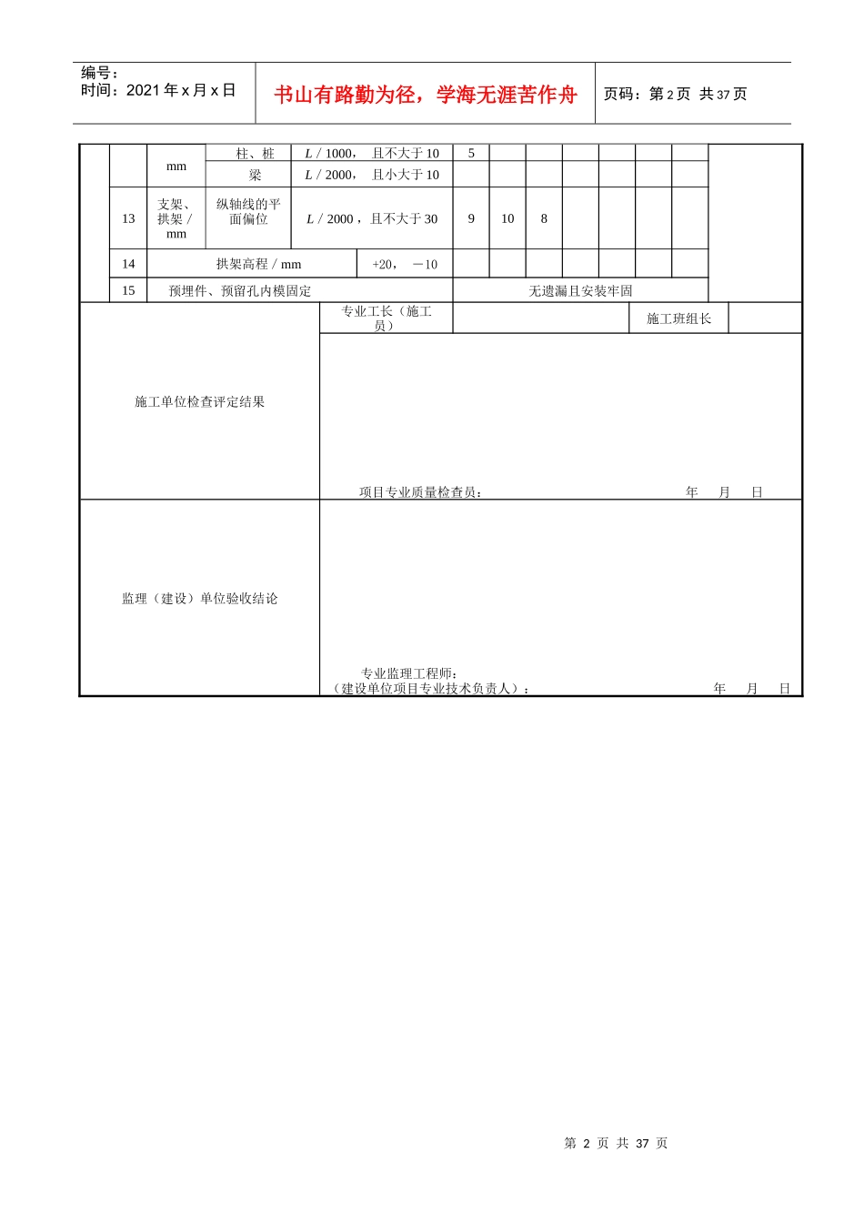模板、支架和拱架安装检验批质量验收记录表2_第2页