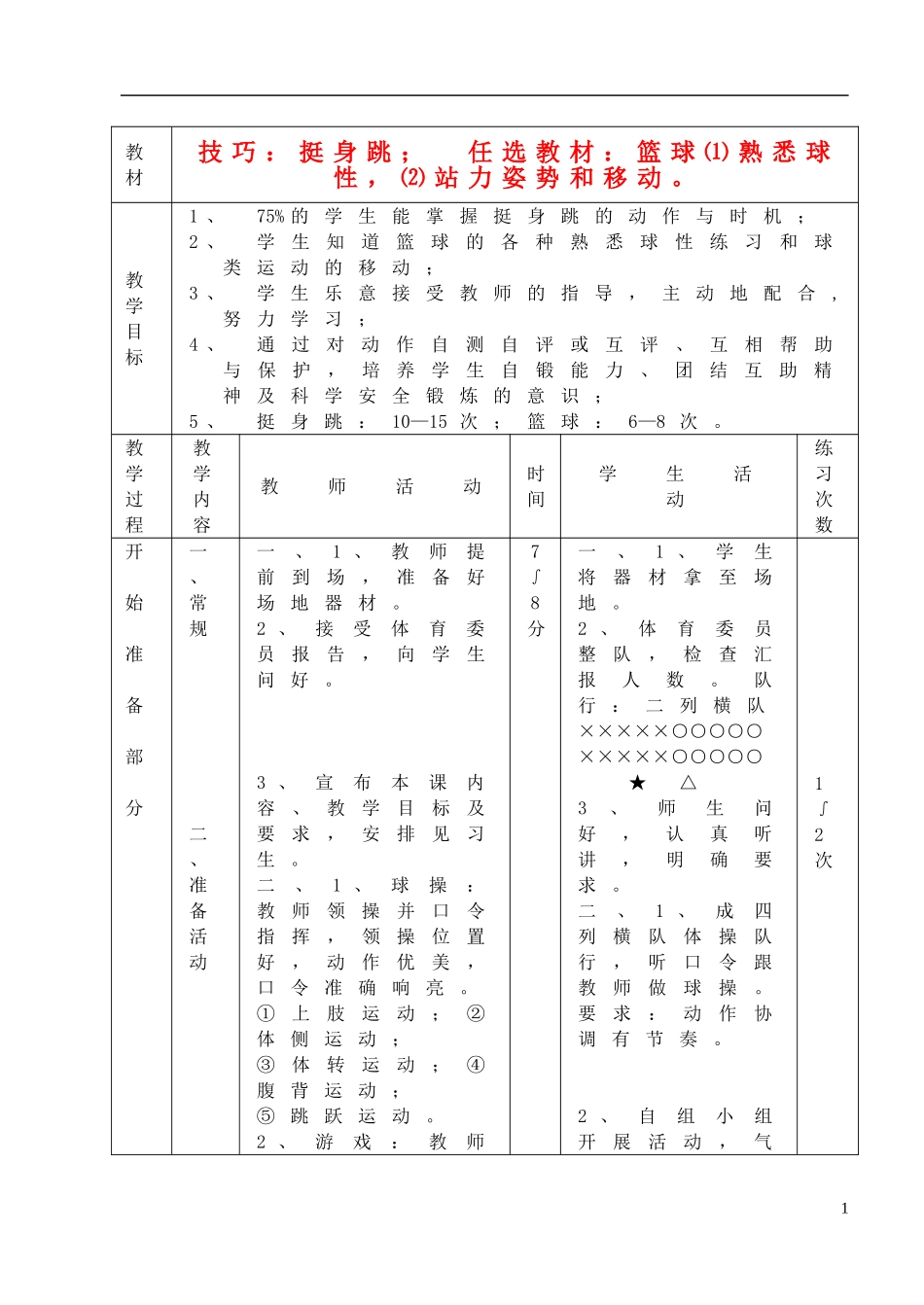九年级体育技巧任选教材教案1_第1页