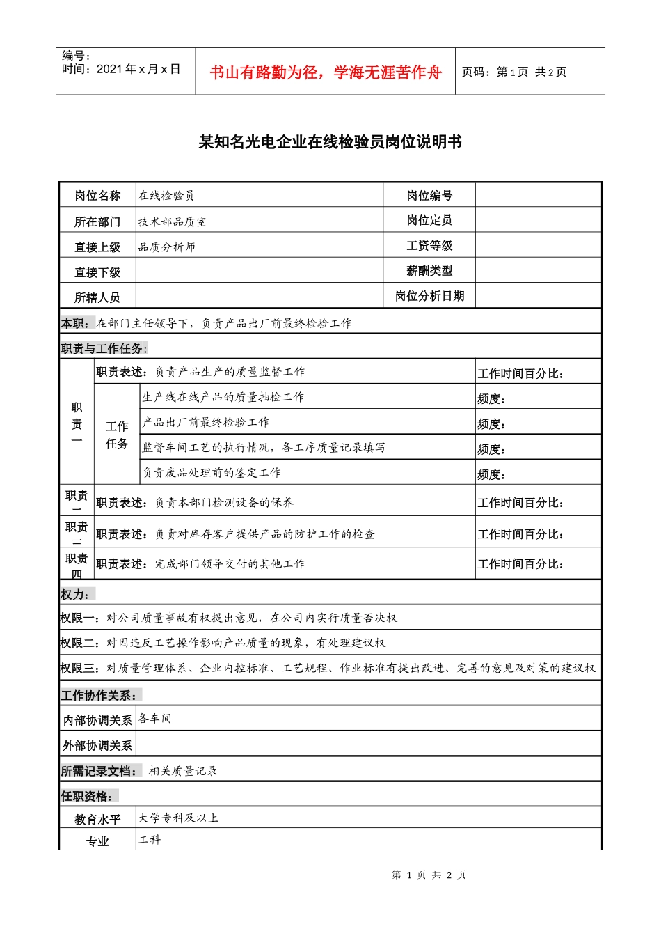 某知名光电企业在线检验员岗位说明书_第1页