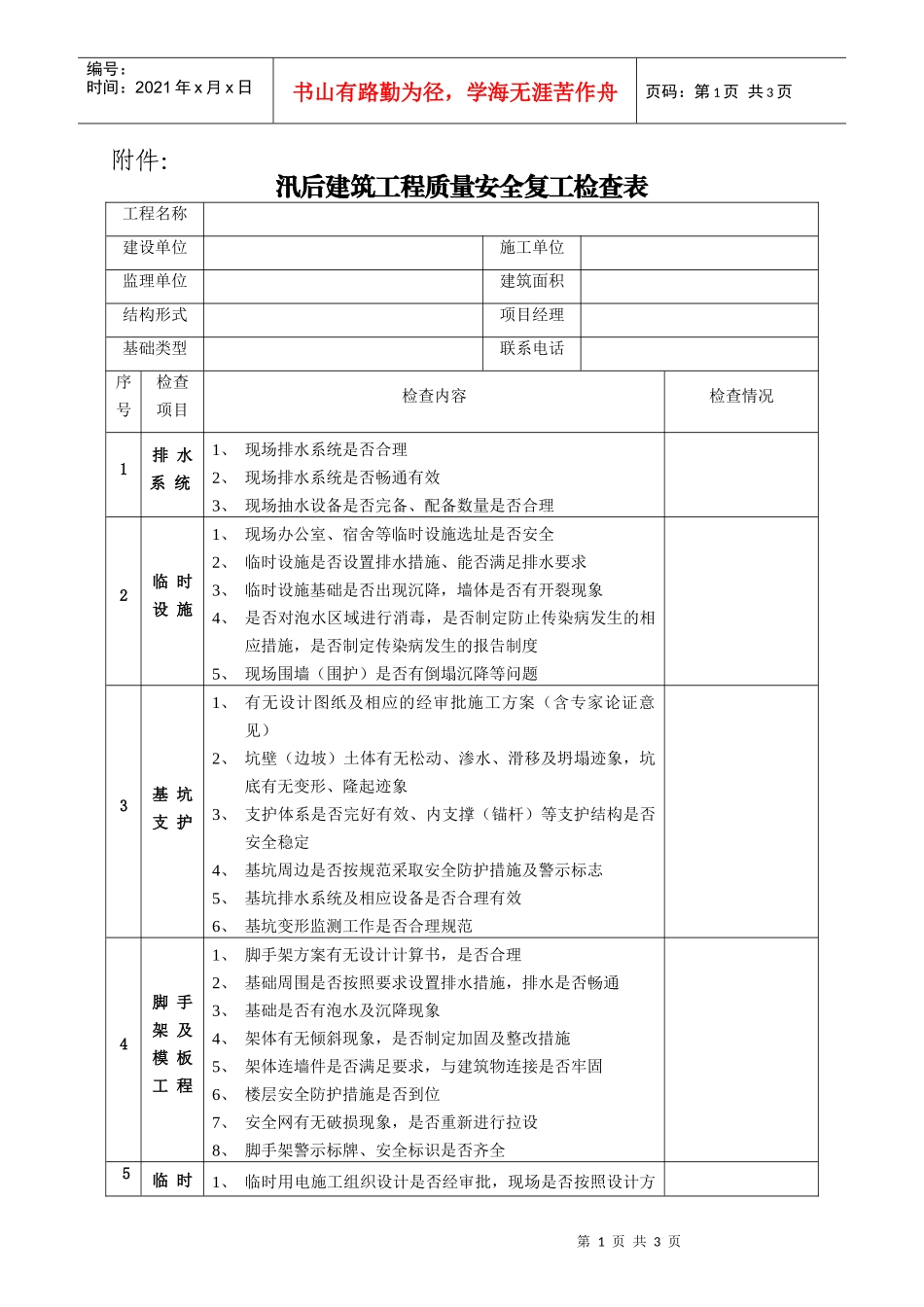 汛后建筑工程质量安全复工检查表-三亚市住房和城乡建设局发_第1页