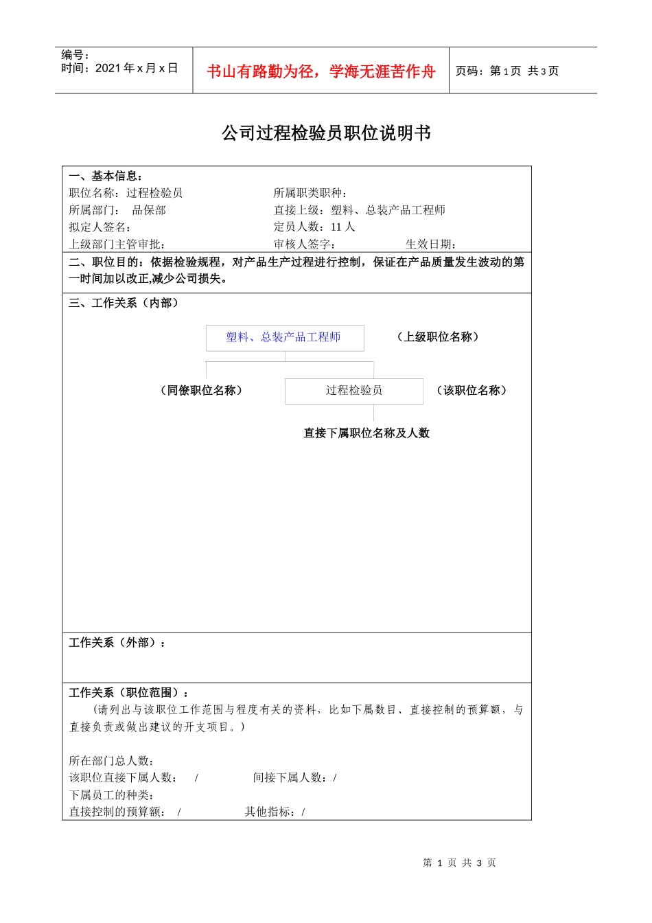 某大型汽车零部件公司品保部过程检验员职位说明书_第1页