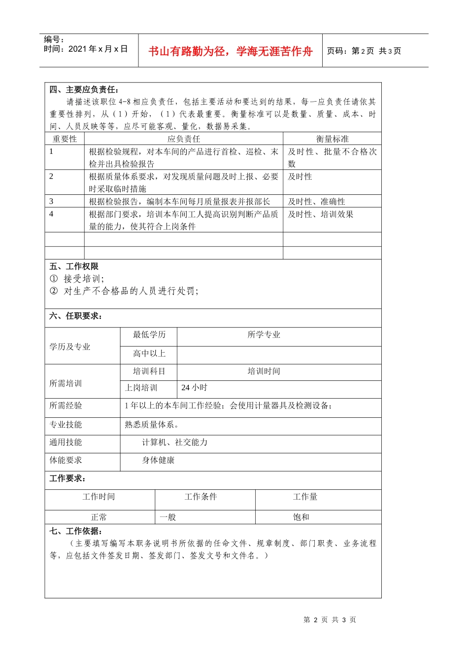某大型汽车零部件公司品保部过程检验员职位说明书_第2页