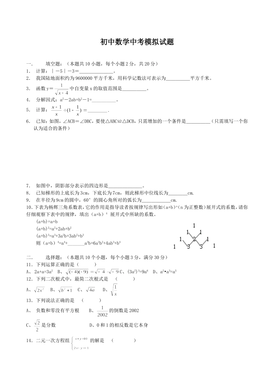 初中数学中考模拟试题_第1页