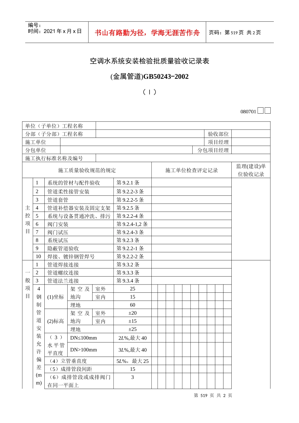 空调水系统安装检验批质量验收记录表Ⅰ_第1页