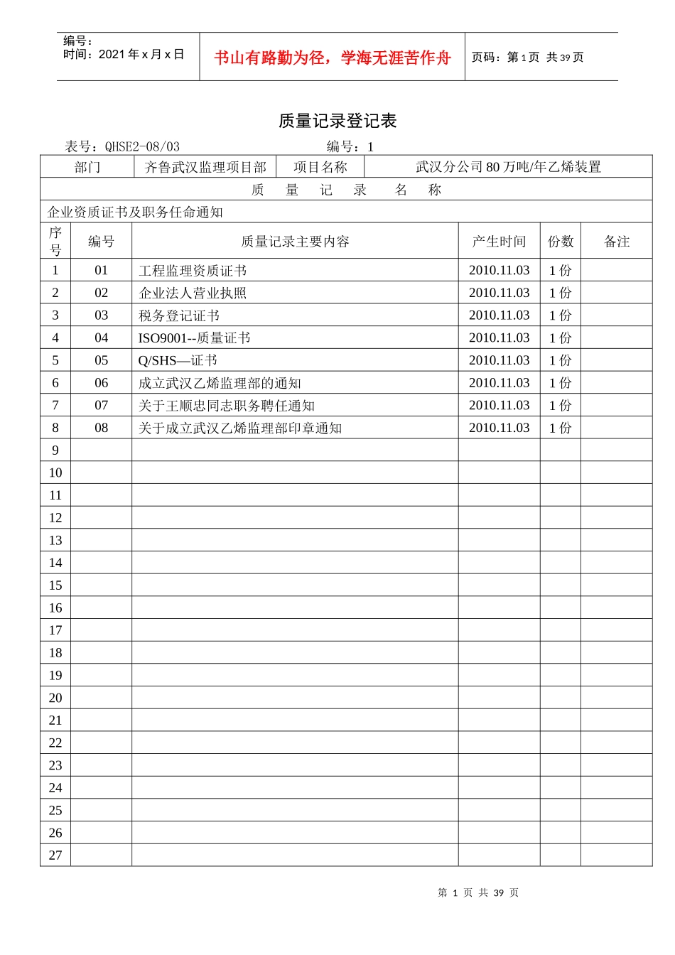 QHSE2-0803质量记录登记表_第1页