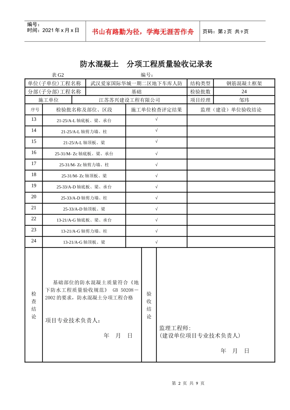 防水混凝土 分项工程质量验收记录表_第2页