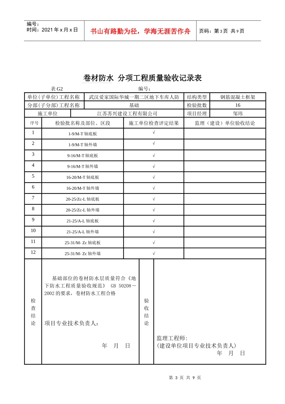 防水混凝土 分项工程质量验收记录表_第3页