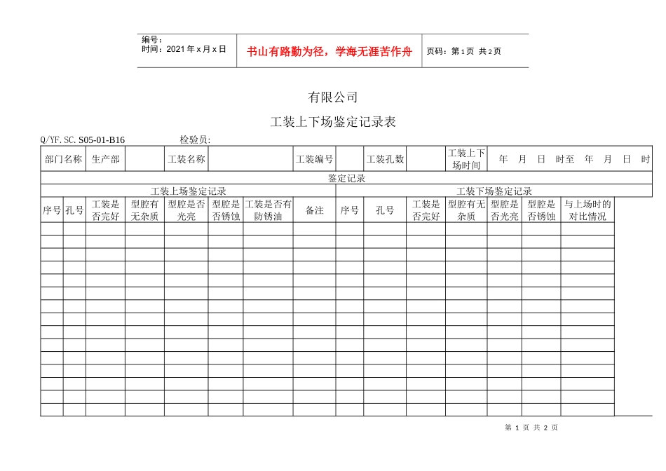 TS16949体系工装上下场鉴定记录表_第1页