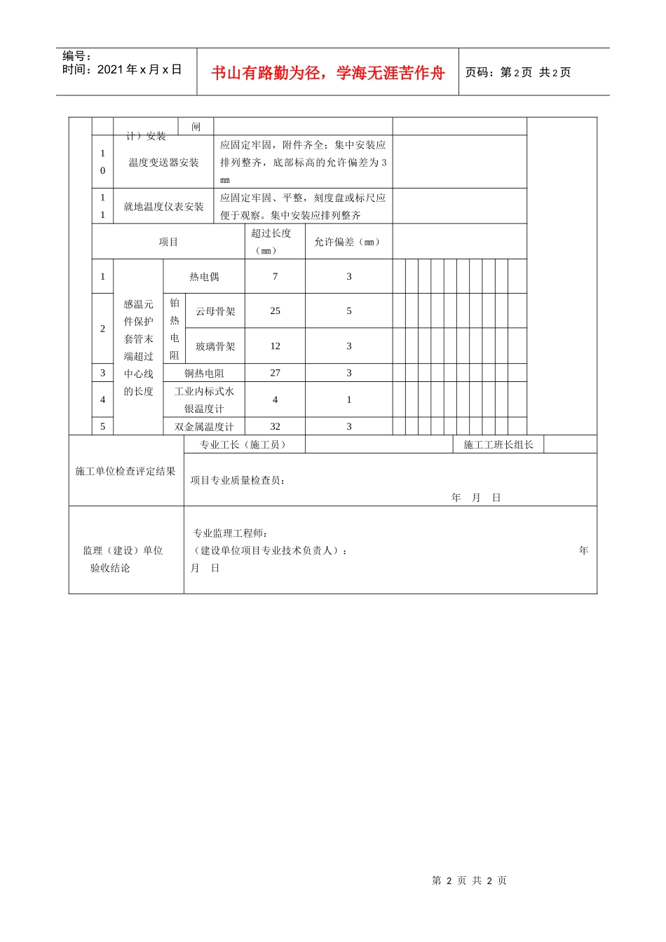 温度仪表安装工程检验批质量验收记录表_第2页