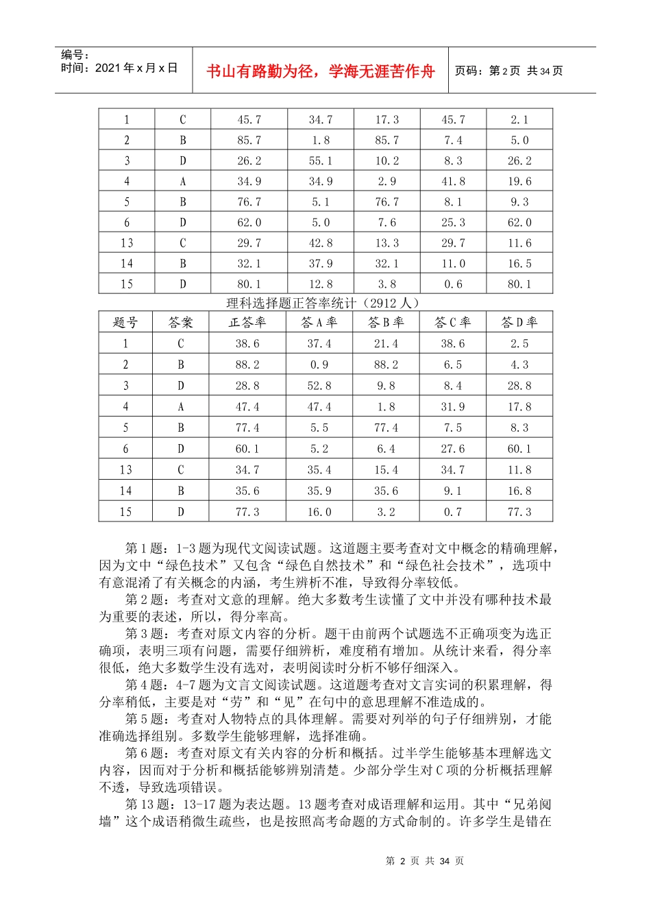 XXXX年宝鸡市高三教学质量检测(二)试卷分析_第2页