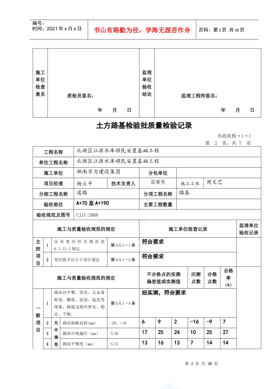 土方路基检验批质量检验记录_第2页