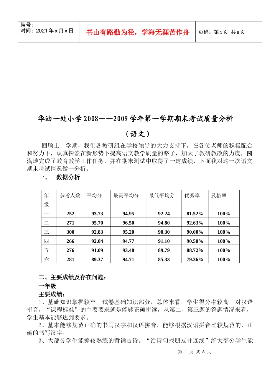 某小学语文期未教学质量分析_第1页