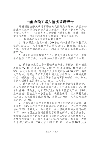 当前农民工返乡情况调研报告