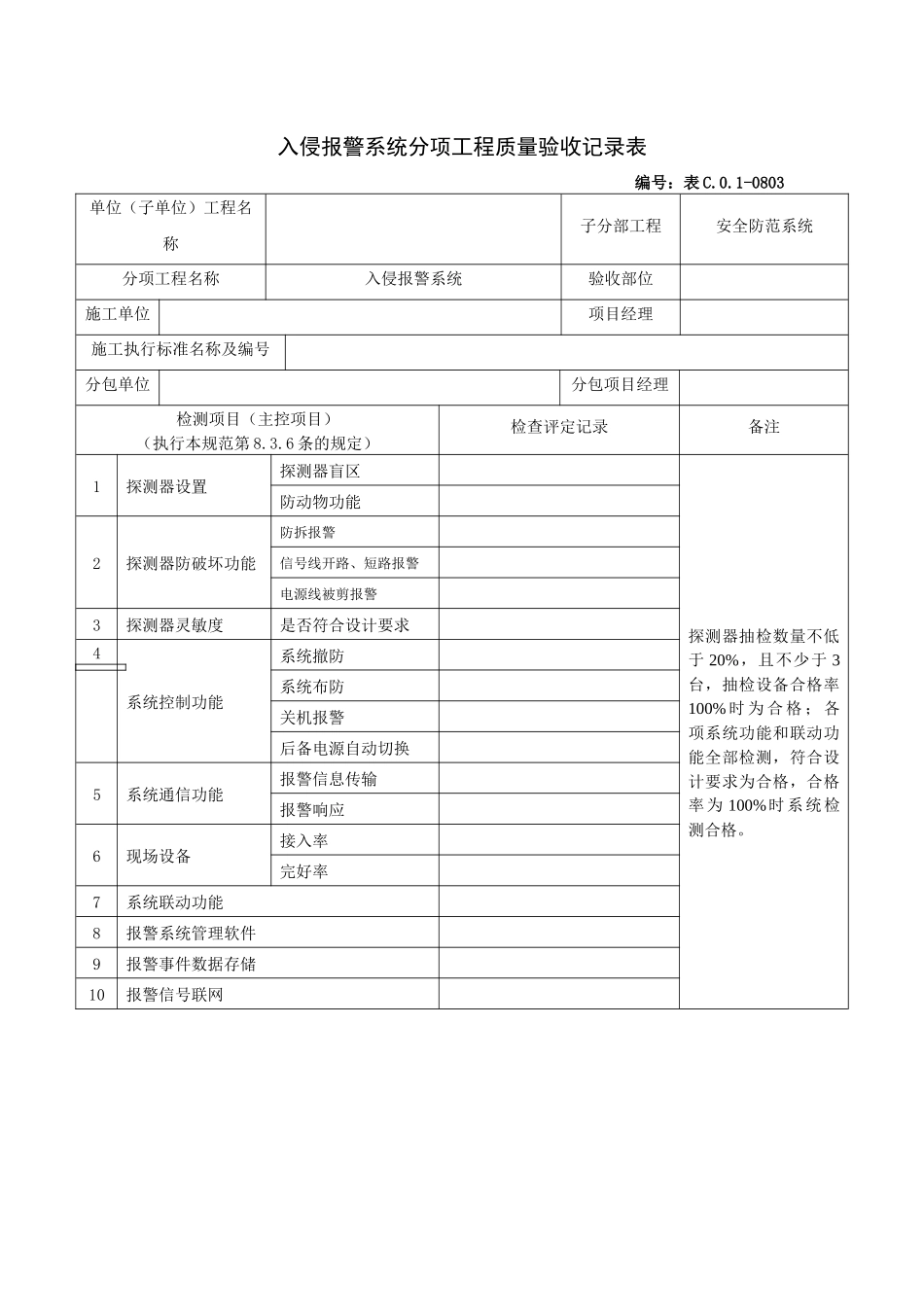 入侵报警系统分项工程质量验收记录表_第1页