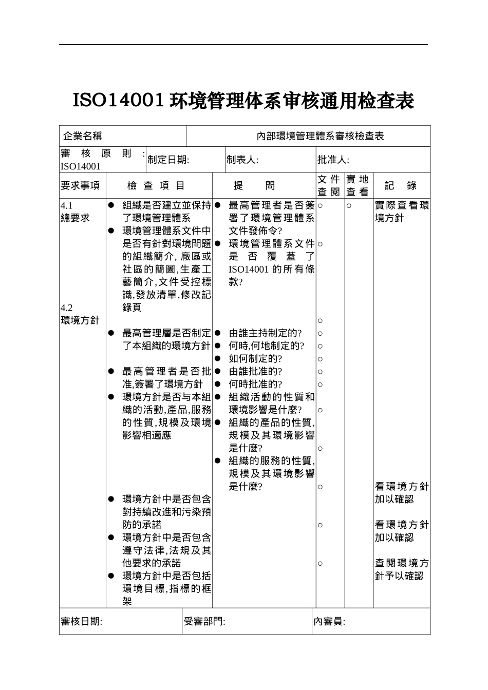 ISO14001环境管理体系审核通用检查表_第1页