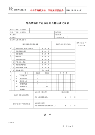 饰面砖粘贴工程检验批质量验收记录表