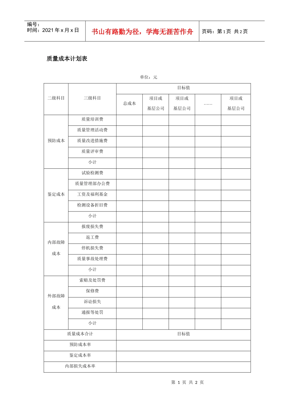 质量成本计划表_第1页