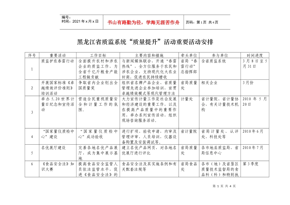 黑龙江省质监系统“质量提升”活动重要活动安排_第1页