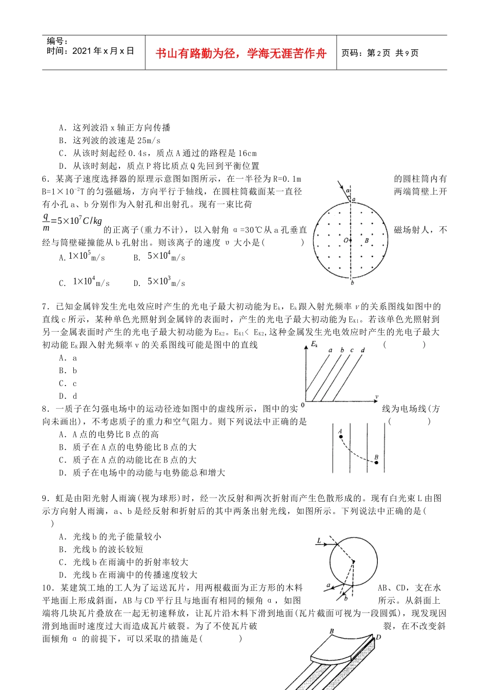 高中毕业班物理质量检查试题_第2页