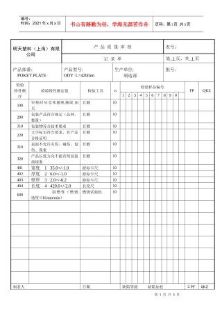 产品质量审核记录单(POKET PLATE)