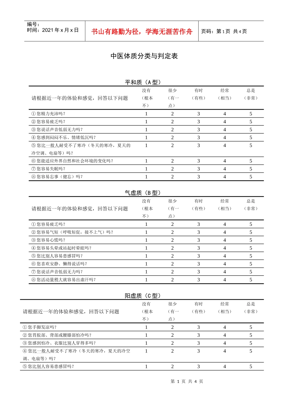 复件中医体质量表_第1页