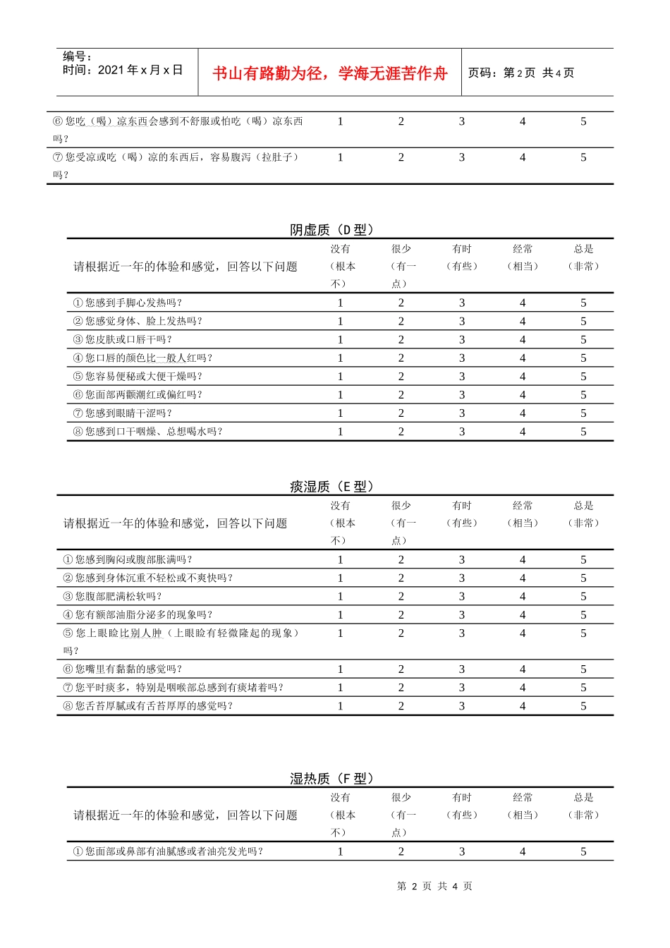 复件中医体质量表_第2页