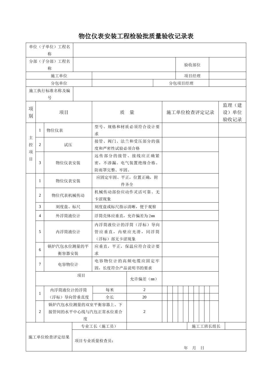 物位仪表安装工程检验批质量验收记录表_第1页