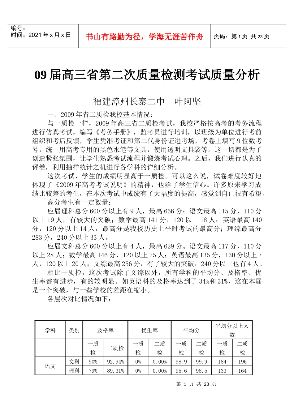 09届高三省第二次质量检测考试质量分析_第1页