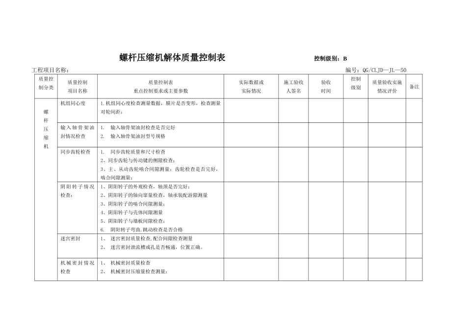 螺杆压缩机质量控制表 Microsoft Word 文档_第1页