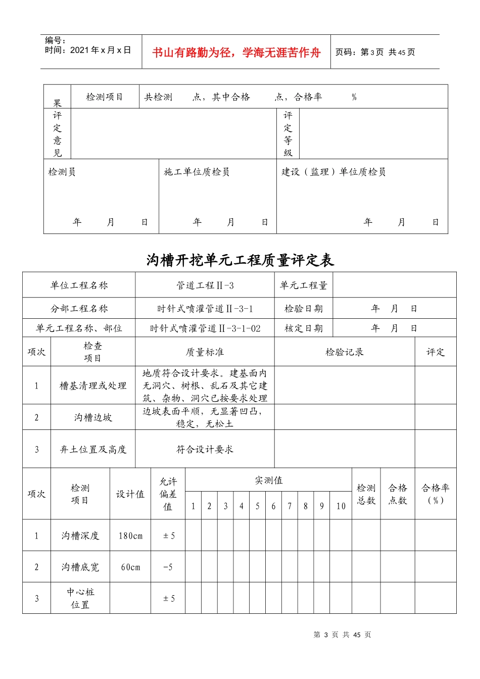 沟槽开挖单元工程质量评定表(时针式)_第3页