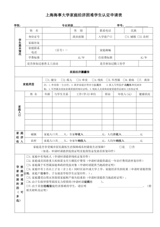 上海海事大学家庭经济困难学生认定申请表-XXXX版-