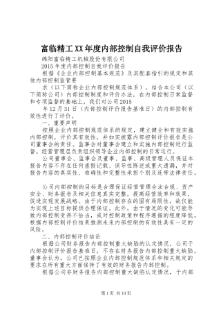 富临精工XX年度内部控制自我评价报告