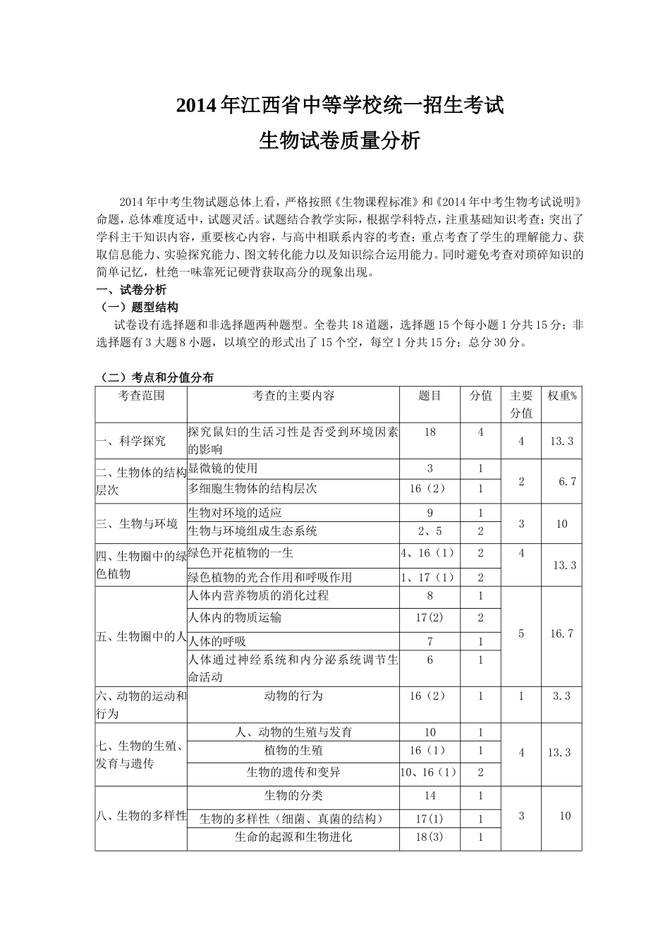 2014年江西中考生物试卷质量分析试_第1页