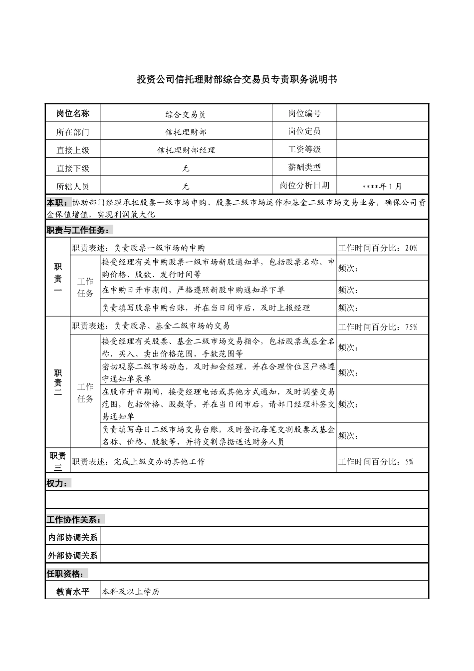 投资公司信托理财部综合交易员专责职务说明书_第1页