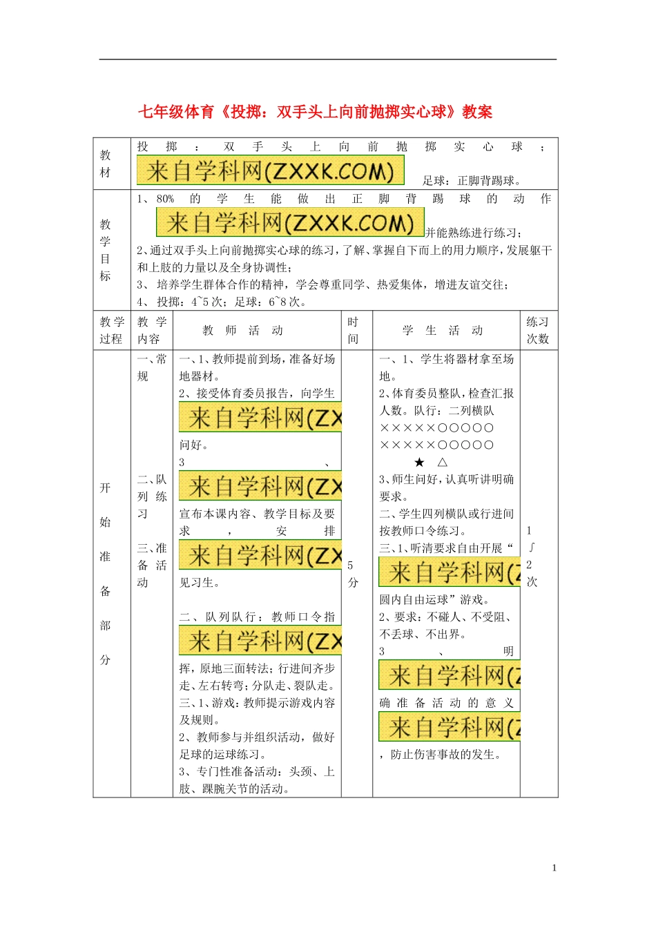 七年级体育《投掷：双手头上向前抛掷实心球》教案__第1页