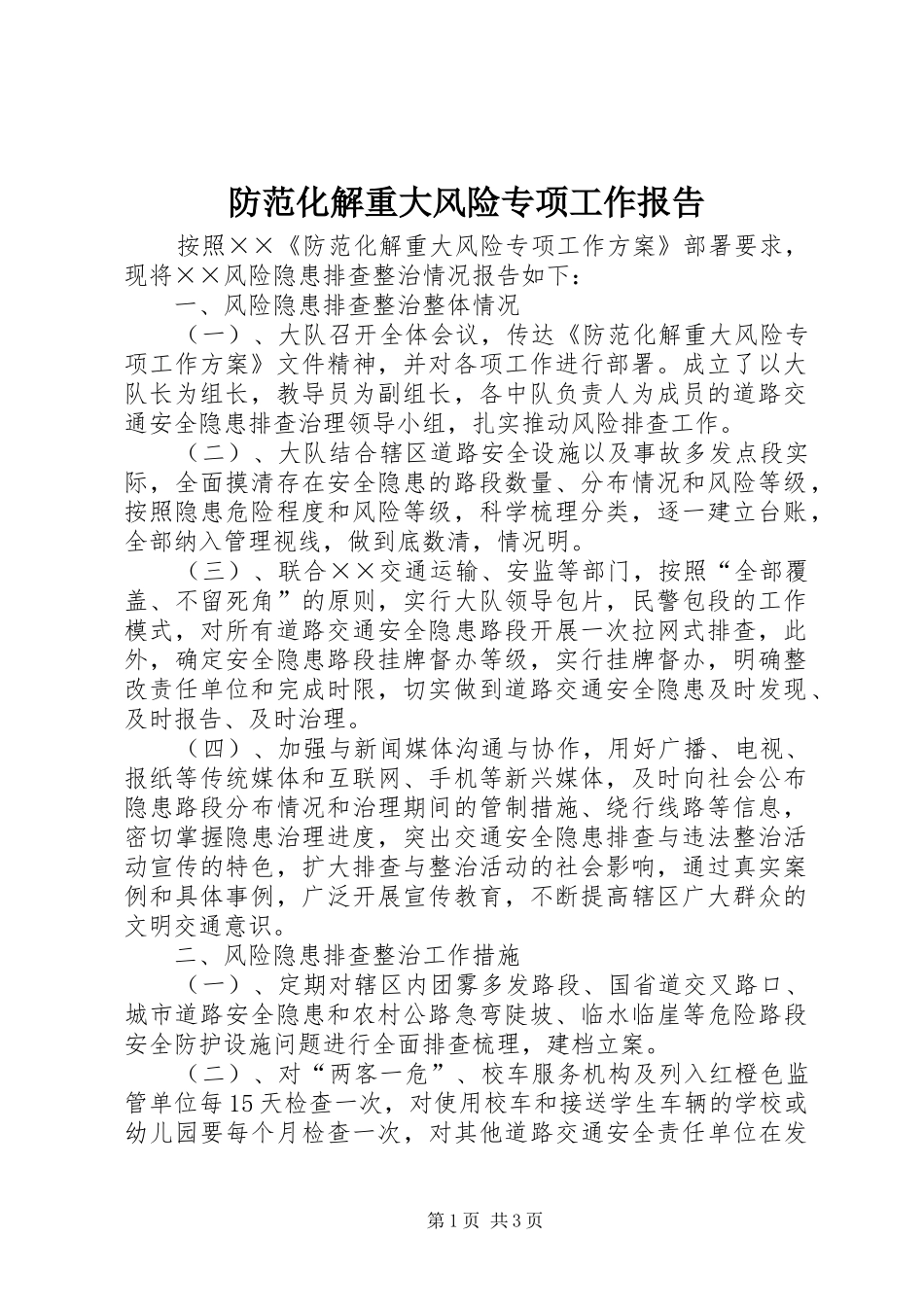防范化解重大风险专项工作报告_第1页